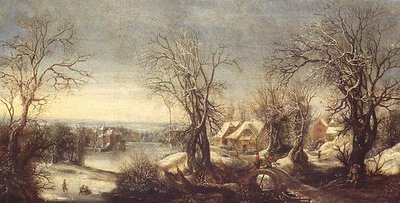 Paysage boisé étendu en hiver avec patineurs sur une voie d