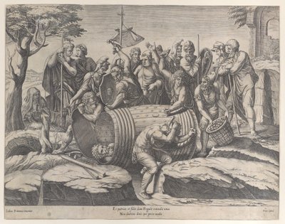 Marcus Atilius Regulus dans un tonneau tandis que deux hommes enfoncent les clous, divers personnages, 1555-77 - Diana Mantuana