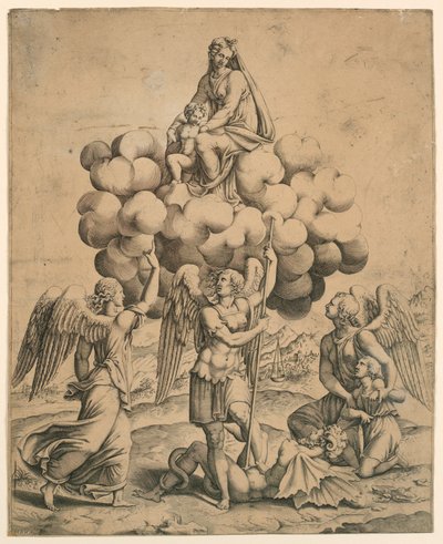 Les archanges Michel, Gabriel et Raphaël adorant la Vierge et l