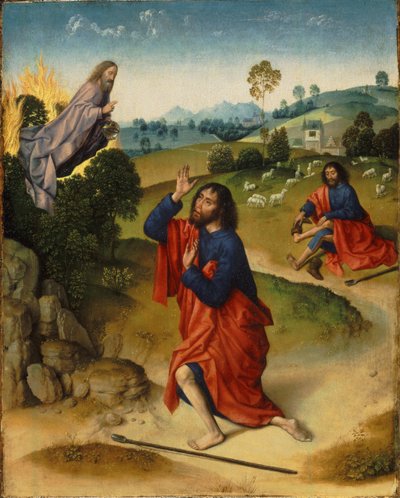 Moïse et le Buisson ardent, avec Moïse enlevant ses chaussures - Dierick Bouts the Elder