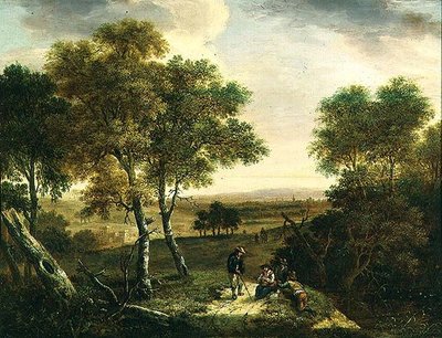 Un vaste paysage boisé avec des paysans sur un chemin, une ville au-delà - Dionys Verburgh