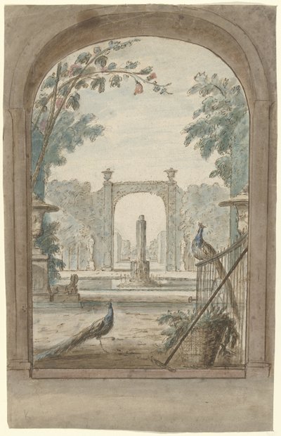Conception pour une peinture murale avec vue à travers une grille sur un jardin, des paons et des outils de jardin - Dionys van Nijmegen (possibly)