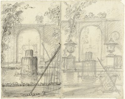 Deux conceptions pour une vue de jardin avec fontaine et outils de jardin au premier plan - Dionys van Nijmegen (possibly)