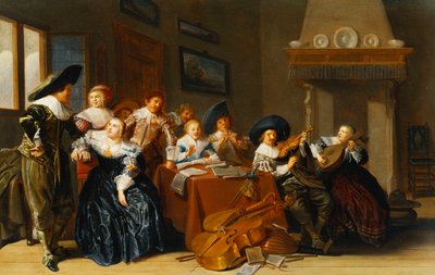 Figures élégantes avec des instruments assis à une table et une jeune fille chantant dans un intérieur, 1637 - Dirck Hals