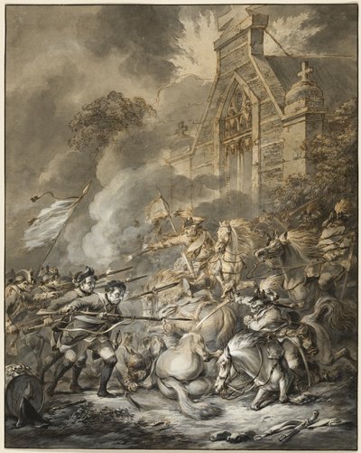 Une escarmouche entre les officiers de cavalerie et les fantassins armés de baïonnettes - Dirk Langendijk