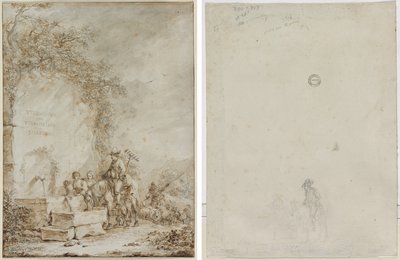 Frontispice pour un Album de Dessins : Paysans à une Fontaine (recto) Esquisse de Paysans à une Fontaine (verso) - Dirk Langendijk