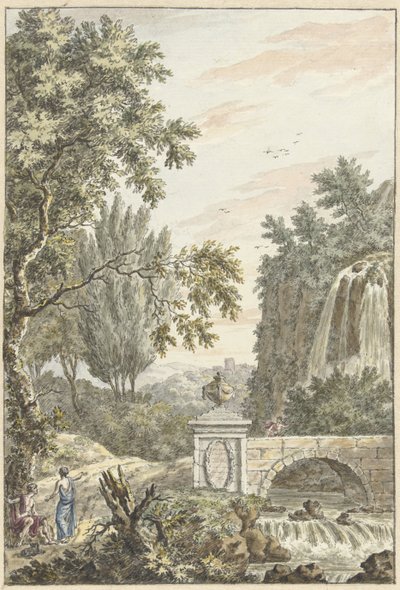 Paysage arcadien avec une cascade, un pont et trois jeunes hommes - Dirk Versteegh