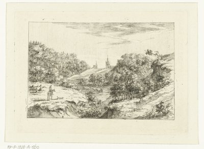 Paysage de dunes avec des églises et un cavalier près de Scheveningen - Dirk Vis Blokhuyzen
