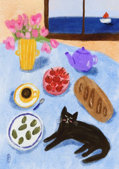 Petit-déjeuner relaxant au bord de la mer avec un chat - Dirkie Nell