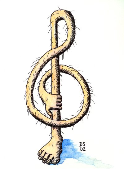 Clé de sol poilue - une clé de sol dessinée comme une jambe avec une main qui la tient. - Dmitri Smirnov