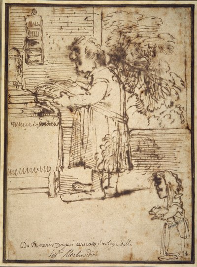 Caricature du théologien Aldobrandini, avec une naine tenant son chien - Domenichino