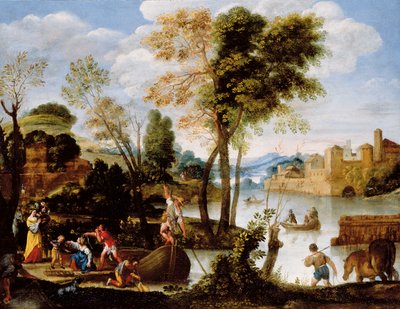 Paysage fluvial italianisant avec un batelier et une femme avec un panier de crabes, vers 1604-05 - Domenichino