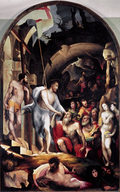 La descente du Christ au limbes. Il tient une bannière blanche frappée d