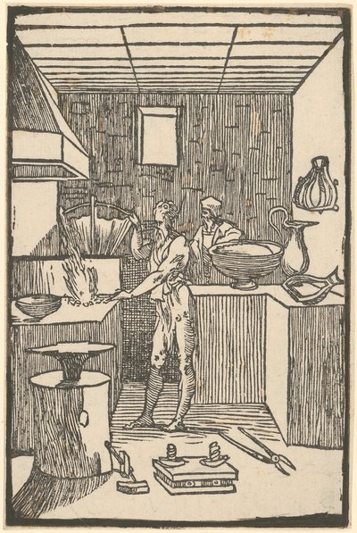 Vulcain à la forge lors de la fabrication de petits outils, planche 8 de la série « De la Pirotechnia » - Domenico Beccafumi