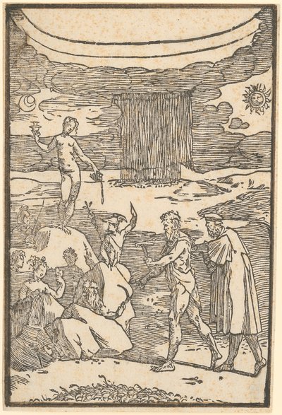 Vulcan et le philosophe (Teoria) partent à la recherche des métaux emprisonnés dans la roche, feuille 2 de la série « De la Pirotechnia » - Domenico Beccafumi