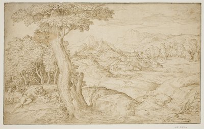 Paysage avec une ville et un berger endormi - Domenico Campagnola