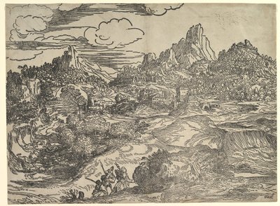 Paysage avec une famille marchant ensemble au premier plan, à gauche deux figures - Domenico Campagnola
