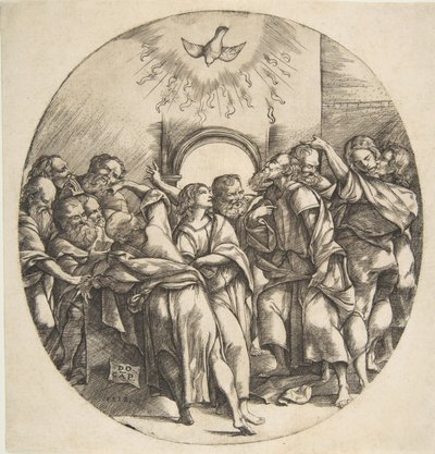 Le Saint-Esprit comme un oiseau descendant avec des ailes déployées au centre supérieur, les douze Apôtres - Domenico Campagnola
