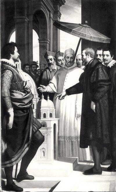 Michel-Ange (1475-1564) présentant un modèle du dôme de Saint-Pierre au pape Paul IV (1476-1559) - Domenico Cresti
