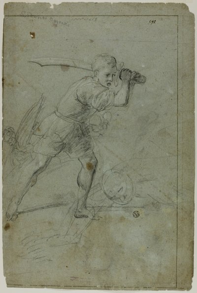 David décapitant Goliath (recto); Esquisse de figure féminine drapée avec le bras droit levé au-dessus de la tête (verso) - Domenico Fiasella