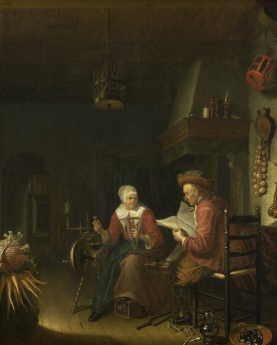 Intérieur avec un homme lisant et une femme filant du fil - Domenicus van Tol
