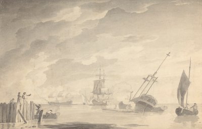 Scène de bataille, trois cuirassés, un en train de couler; figures à gauche dans une barque et sur une jetée - Dominic Serres