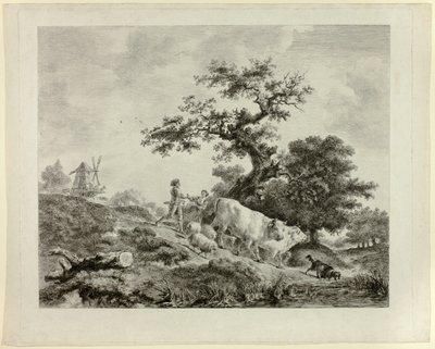Paysage avec moulin à vent, jeune homme et jeune fille, et deux bœufs - Dominique Vivant Denon