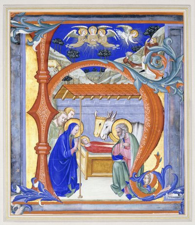 Initiale historiée illuminée "N", représentant une scène de la nativité, 1410 - Don Simone Camaldolese