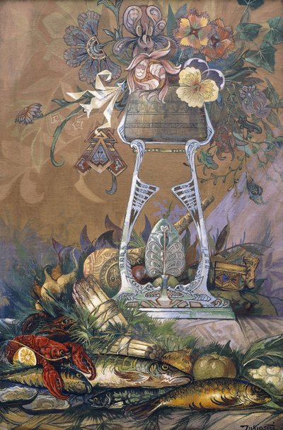 Fleurs dans un Vase sur un Support avec Asperges, Homards, Huîtres et Poissons - Dragutin Inkiostri Medensak