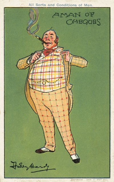 Un homme de chèques : un homme riche et gros portant un costume à carreaux (chromolithographie) - Dudley Hardy