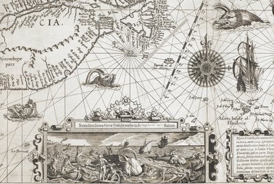 Un détail de deux monstres marins ressemblant à des baleines anciennes et un encart avec des baleines plus réalistes, de 