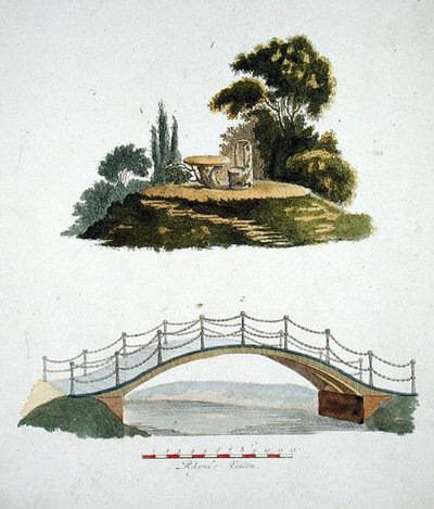 Une chaise rustique et une table et un pont ornemental, de 