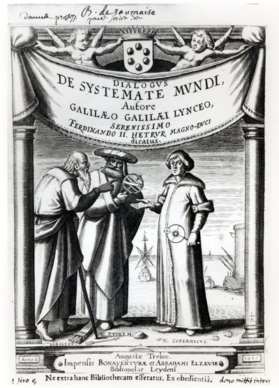 Frontispice du Dialogus De Systemate Mundi par Galilée (1564-1642), publié à Leyde en 1635 - Dutch School