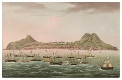 Sint Eustatius dans les Antilles néerlandaises, avec des Indiamen occidentaux massés sur la route d