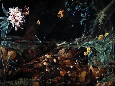 Ruisseau dans un vallon avec des fleurs et des reptiles - Dutch School