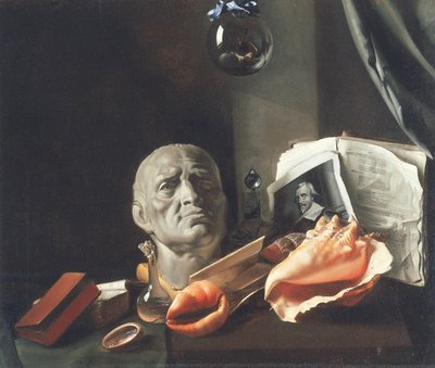 Nature Morte de Vanité avec un Buste, des Coquillages, des Livres et des Flacons en Verre - Dutch School