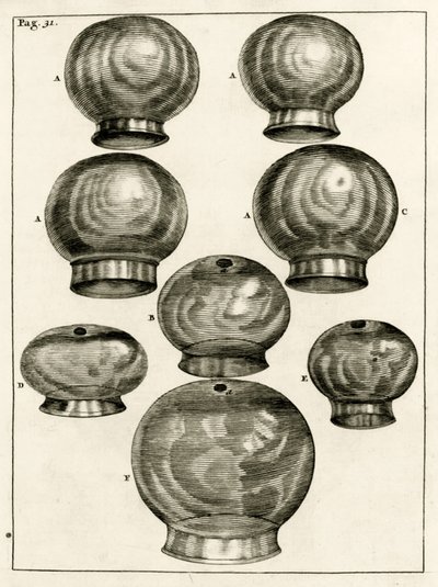 Divers verres à ventouses, de Exercitationes Practicae circa Medendi Methodum par Frederik Dekkers, 1694 - Dutch School