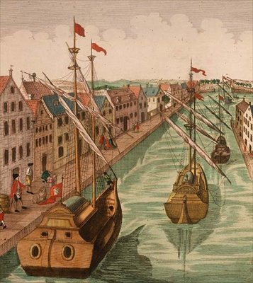 Vue de la porte Kettel à Delft, détail des navires sur le canal du port (détail) - Dutch School