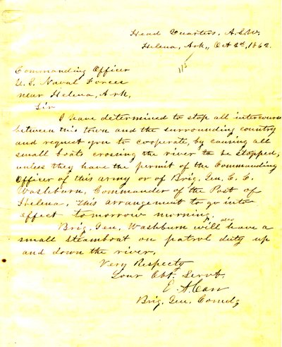 Lettre de E. A. Carr, Helena, Arkansas, au commandant des forces navales américaines près de Helena, Arkansas, 2 octobre 1862 - E.A. Carr