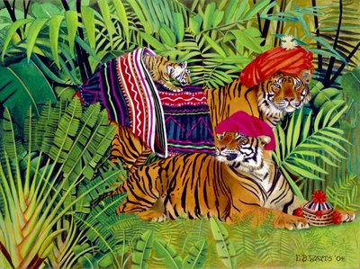 Famille de tigres avec des vêtements thaïlandais, 2004 - E.B. Watts