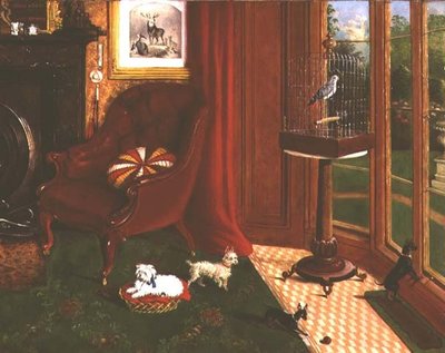Intérieur avec terriers et un perroquet en cage - E.M. Fox