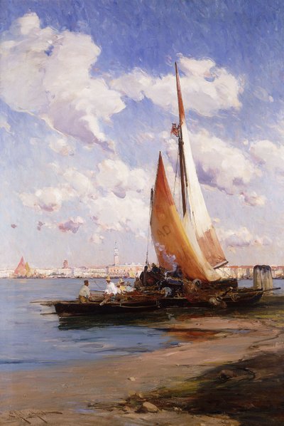 Bateaux de pêche avec la Rivere degli Schiavoni, Venise - E. Aubrey Hunt
