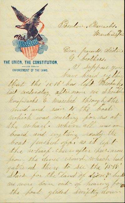 Lettre signée E.G. Black, Benton Barracks, Mo., à ses parents, sœur et frères, 28 mars 1862 - E. G. Black