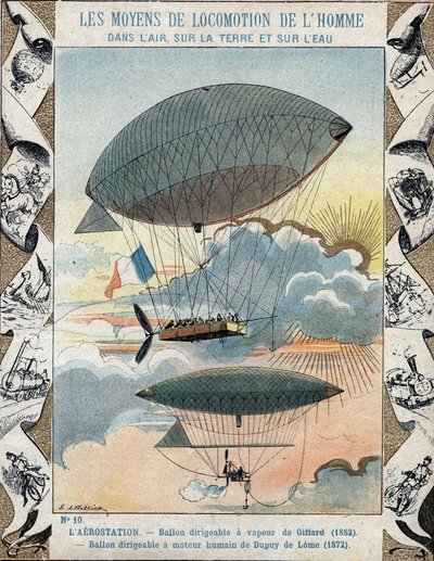 Dirigeable inventé par Henri Giffard en 1852 et dirigeable navigable inventé par Dupuy de Lôme en 1872 - Protège-livres scolaire de la fin du XIXe siècle - Dirigeable par Henri Giffard (1825-1882) 1852 et le ballon haubané par Henri Dupuy de Lôme - E. Letellier