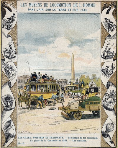 Circulation sur la Place de la Concorde à Paris en 1869 : omnibus à chevaux et « chemin de fer américain » (ligne de tramway) - Protège-cahier historique, fin XIXe siècle - E. Letellier