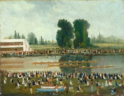 Scène de rameurs : Foules regardant depuis les rives du fleuve - E. Levy