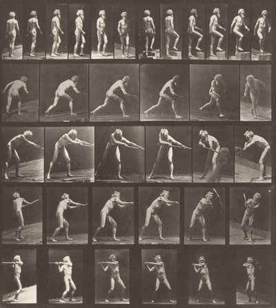Planche numéro 521. A : Marcher. B : Monter une marche. C : Lancer le disque. D : Utiliser une pelle, 1887 - Eadweard Muybridge
