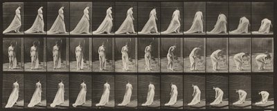 Planche n° 56. Marcher, se tourner et se baisser pour ramasser une traîne - Eadweard Muybridge