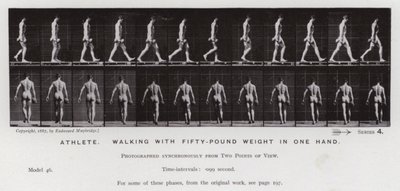 La figure humaine en mouvement : Athlète, marchant avec un poids de cinquante livres dans une main - Eadweard Muybridge
