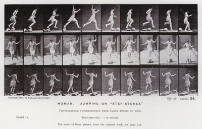 La figure humaine en mouvement : Femme, sautant sur des "pierres de pas" (photo n/b) - Eadweard Muybridge
